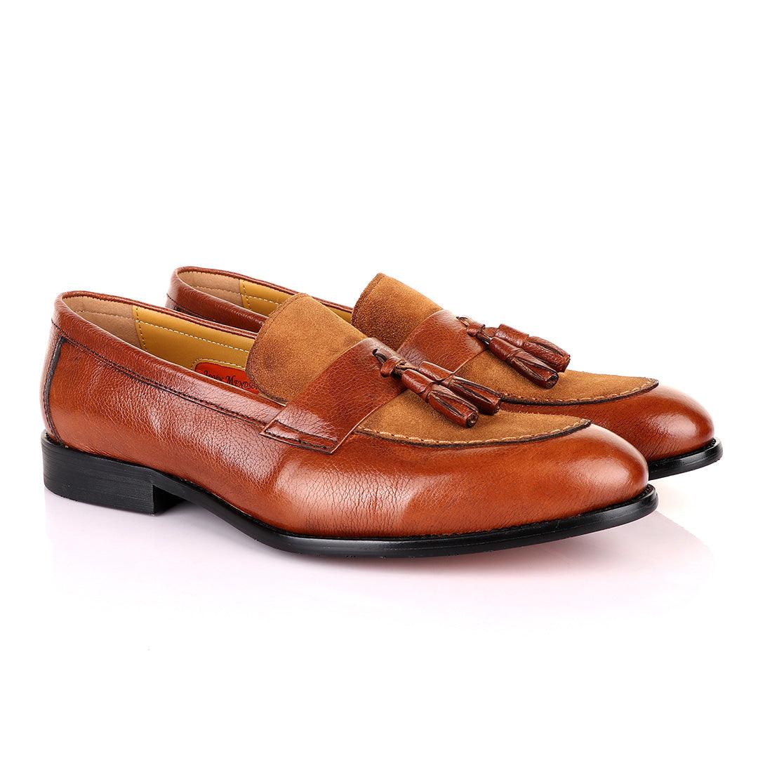 John Mendson Crafted Brown and Suede tassel Loafers Shoe - Obeezi