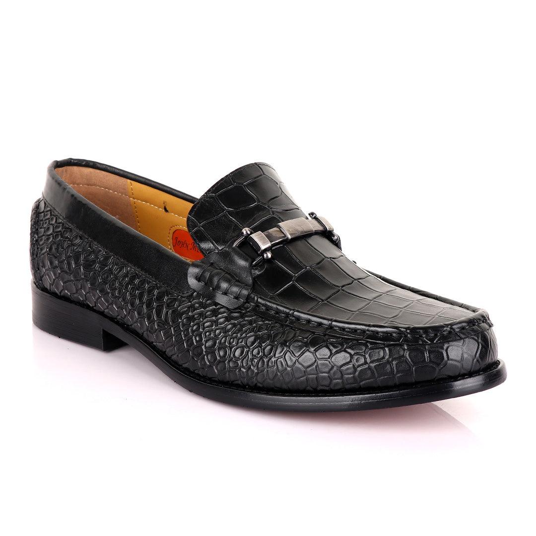 John Mendson Croc Skin Black Loafers - Obeezi
