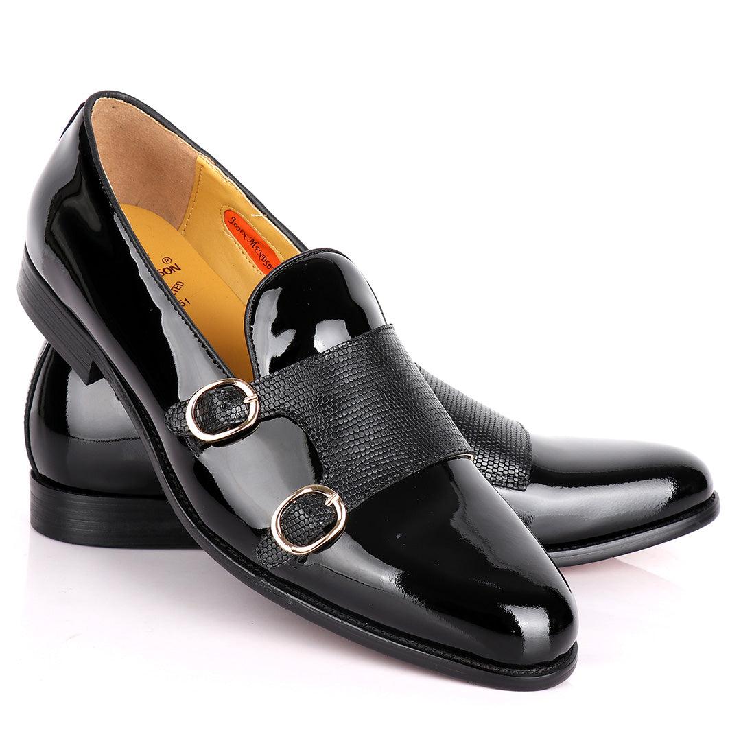 John Mendson Daytonaline Double Monk Straps Wetlooks Leather Shoe- Black - Obeezi.com