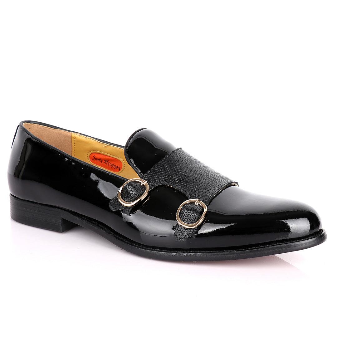 John Mendson Daytonaline Double Monk Straps Wetlooks Leather Shoe- Black - Obeezi.com