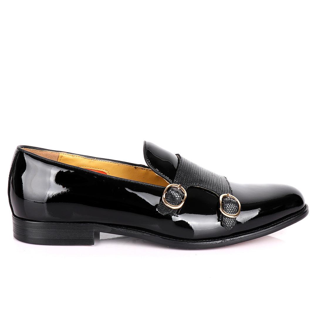 John Mendson Daytonaline Double Monk Straps Wetlooks Leather Shoe- Black - Obeezi.com