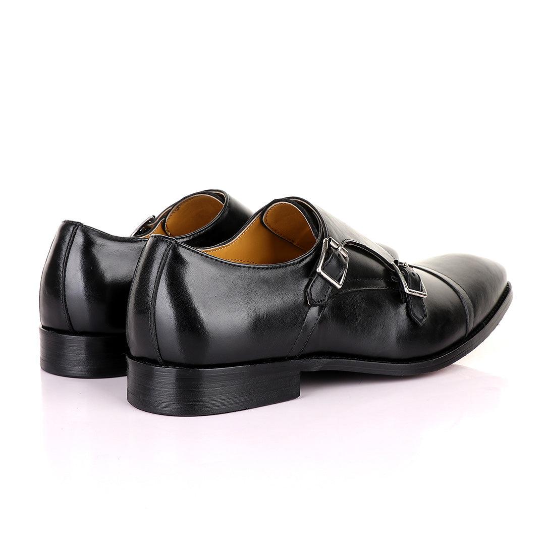 John Mendson Double Monk Strap Black Leather Shoe - Obeezi
