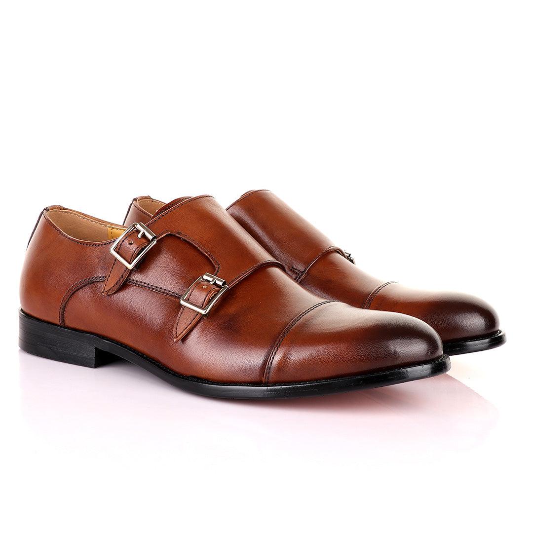 John Mendson Double Monk Strap Brown Leather Shoe - Obeezi