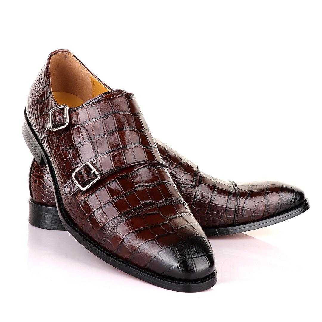 John Mendson Double Monk Strap Coffee Croc Leather Shoe - Obeezi