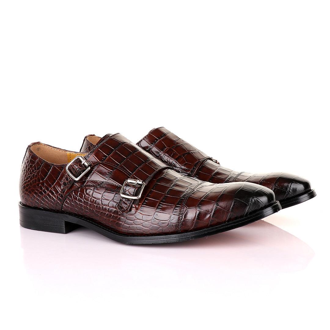 John Mendson Double Monk Strap Coffee Croc Leather Shoe - Obeezi