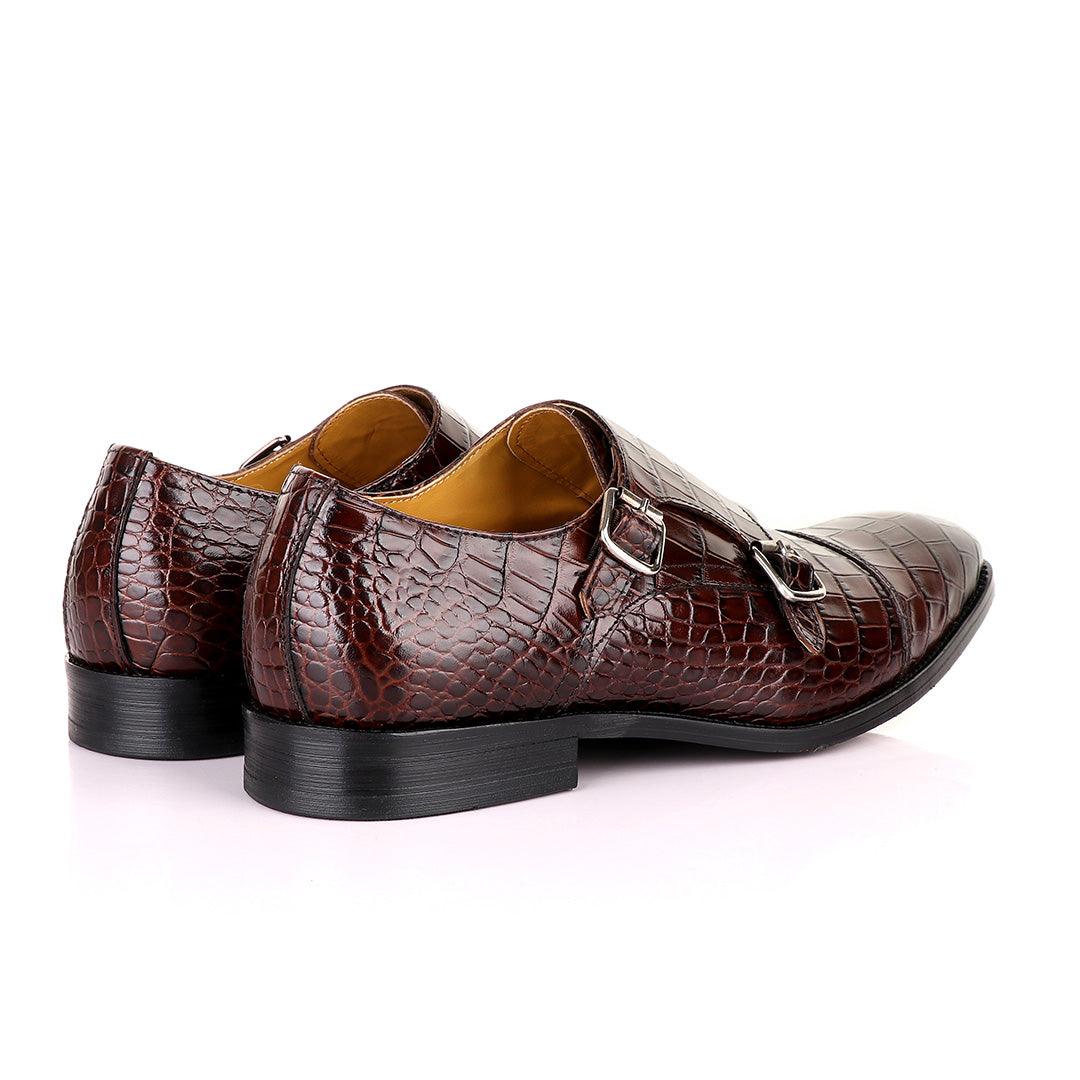 John Mendson Double Monk Strap Coffee Croc Leather Shoe - Obeezi