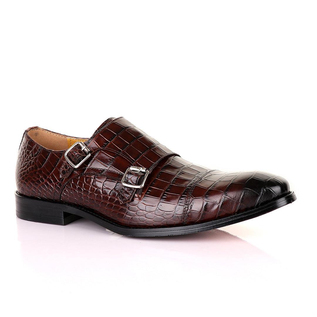 John Mendson Double Monk Strap Coffee Croc Leather Shoe - Obeezi