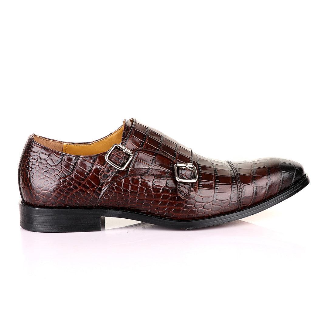 John Mendson Double Monk Strap Coffee Croc Leather Shoe - Obeezi