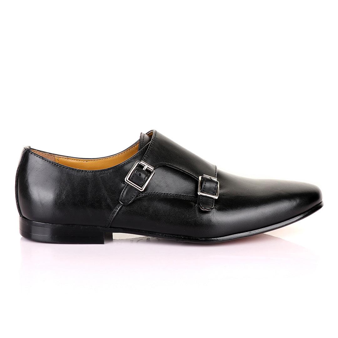 John Mendson Double Monk Strap Plain Black Leather Shoe - Obeezi