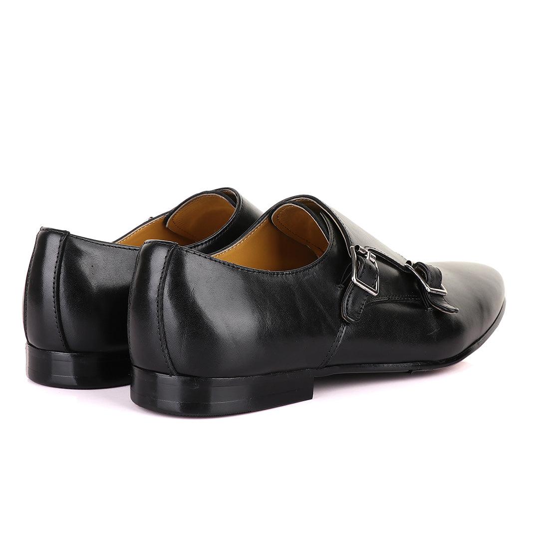 John Mendson Double Monk Strap Plain Black Leather Shoe - Obeezi