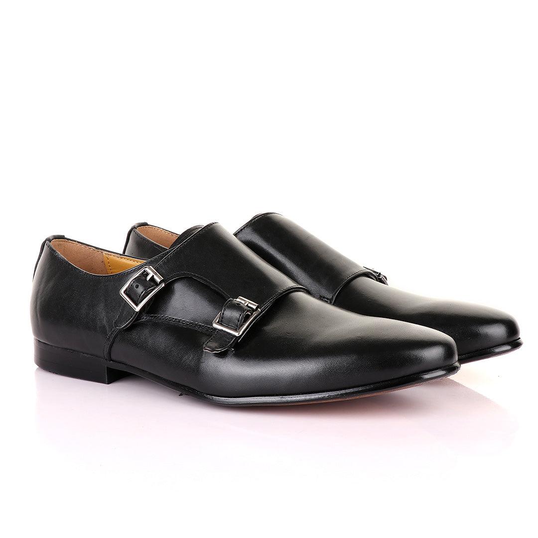 John Mendson Double Monk Strap Plain Black Leather Shoe - Obeezi