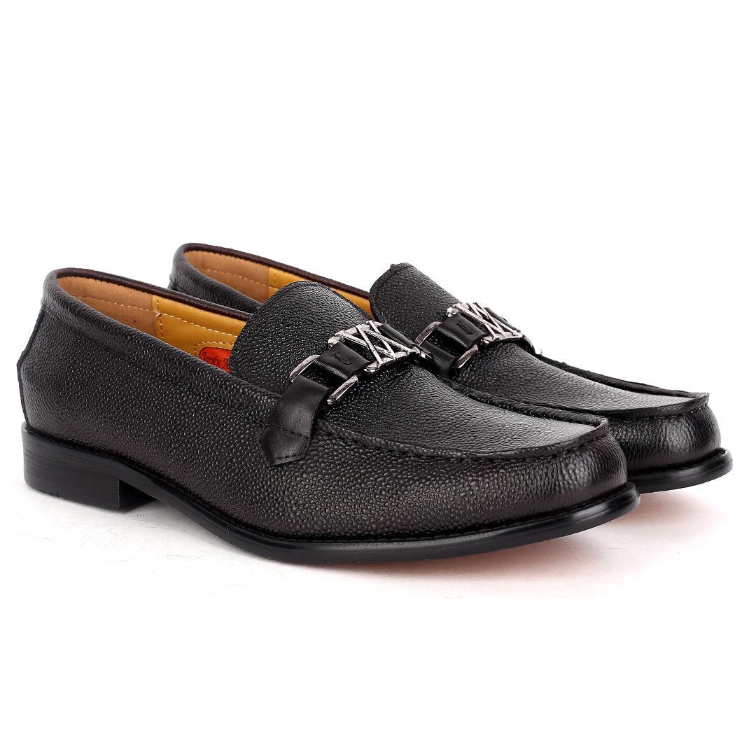 John Mendson Executive Black Croc Leather Loafers Shoe With Silver Logo Design - Obeezi.com