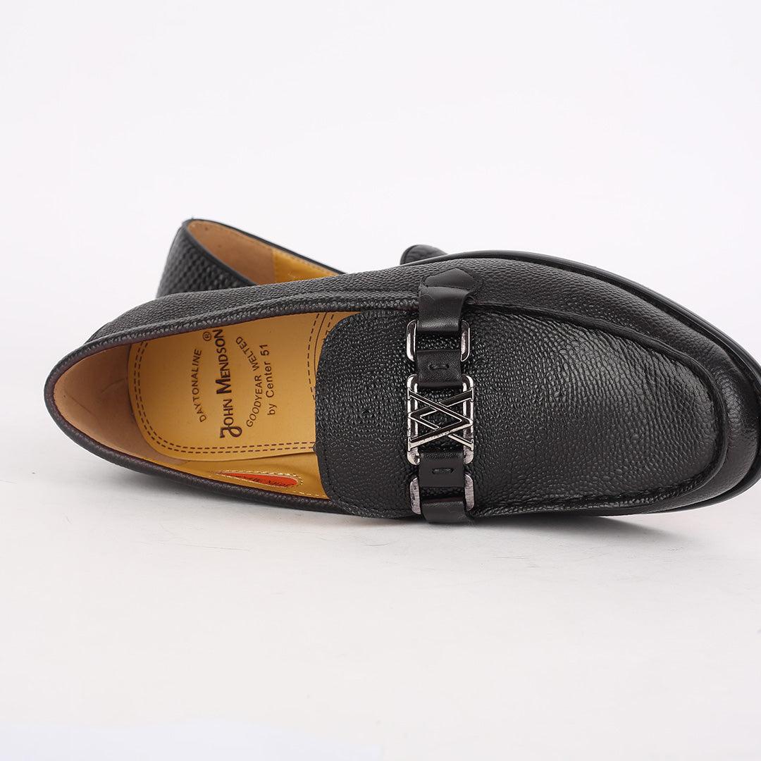 John Mendson Executive Black Croc Leather Loafers Shoe With Silver Logo Design - Obeezi.com