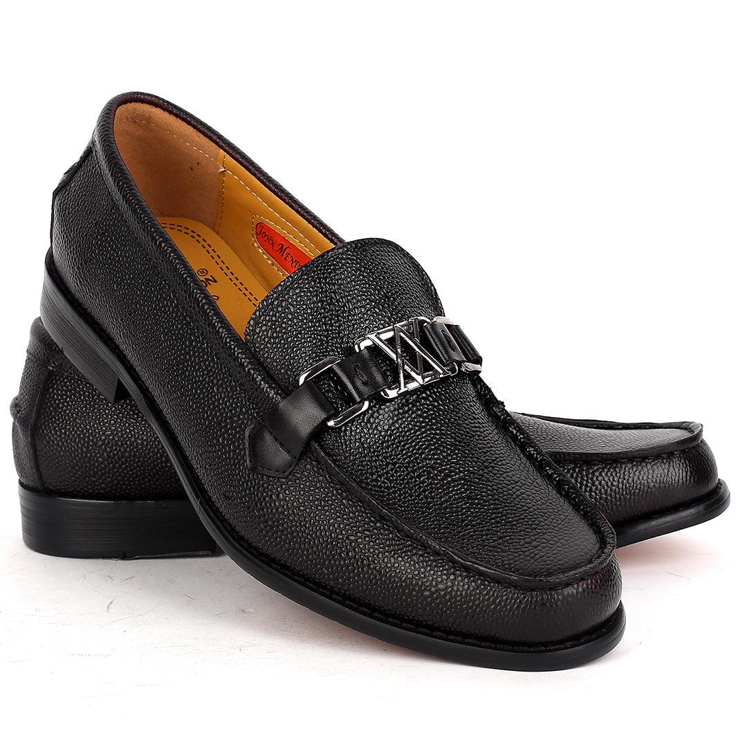 John Mendson Executive Black Croc Leather Loafers Shoe With Silver Logo Design - Obeezi.com