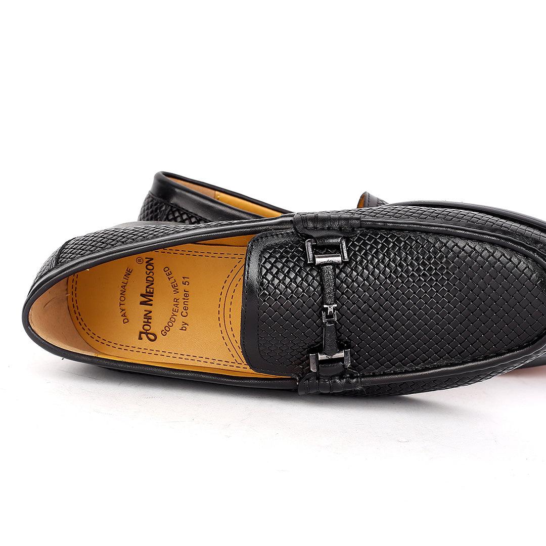 John Mendson Exquisite Black Woven Designed Loafers Shoe With Black Metal Chain Design - Obeezi.com