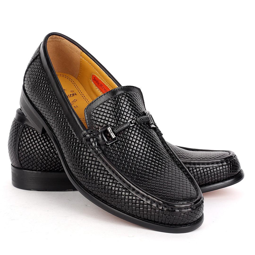 John Mendson Exquisite Black Woven Designed Loafers Shoe With Black Metal Chain Design - Obeezi.com