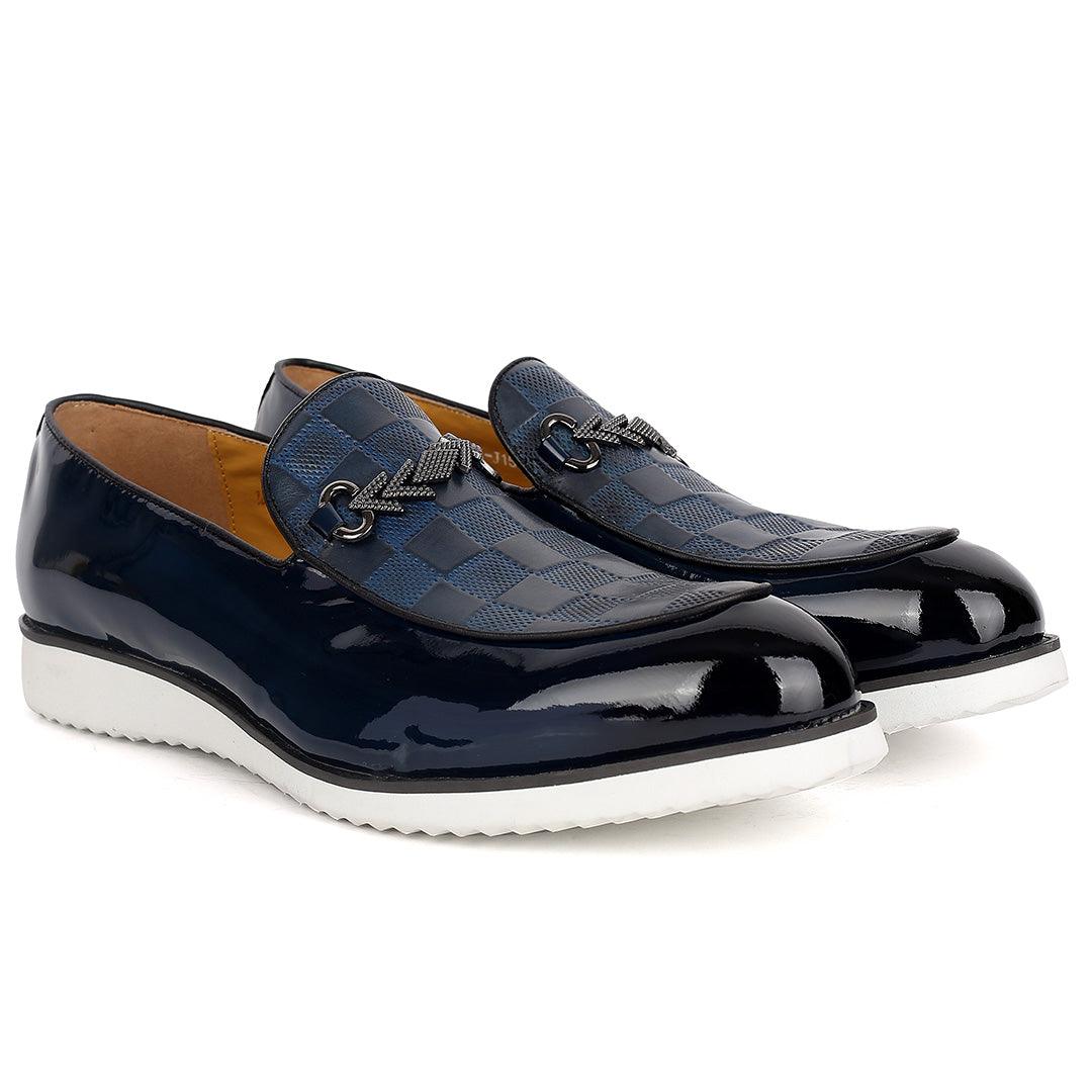 John Mendson Glossy Leather Checkered Arrow Chain Men's Shoe-Royal Blue - Obeezi.com