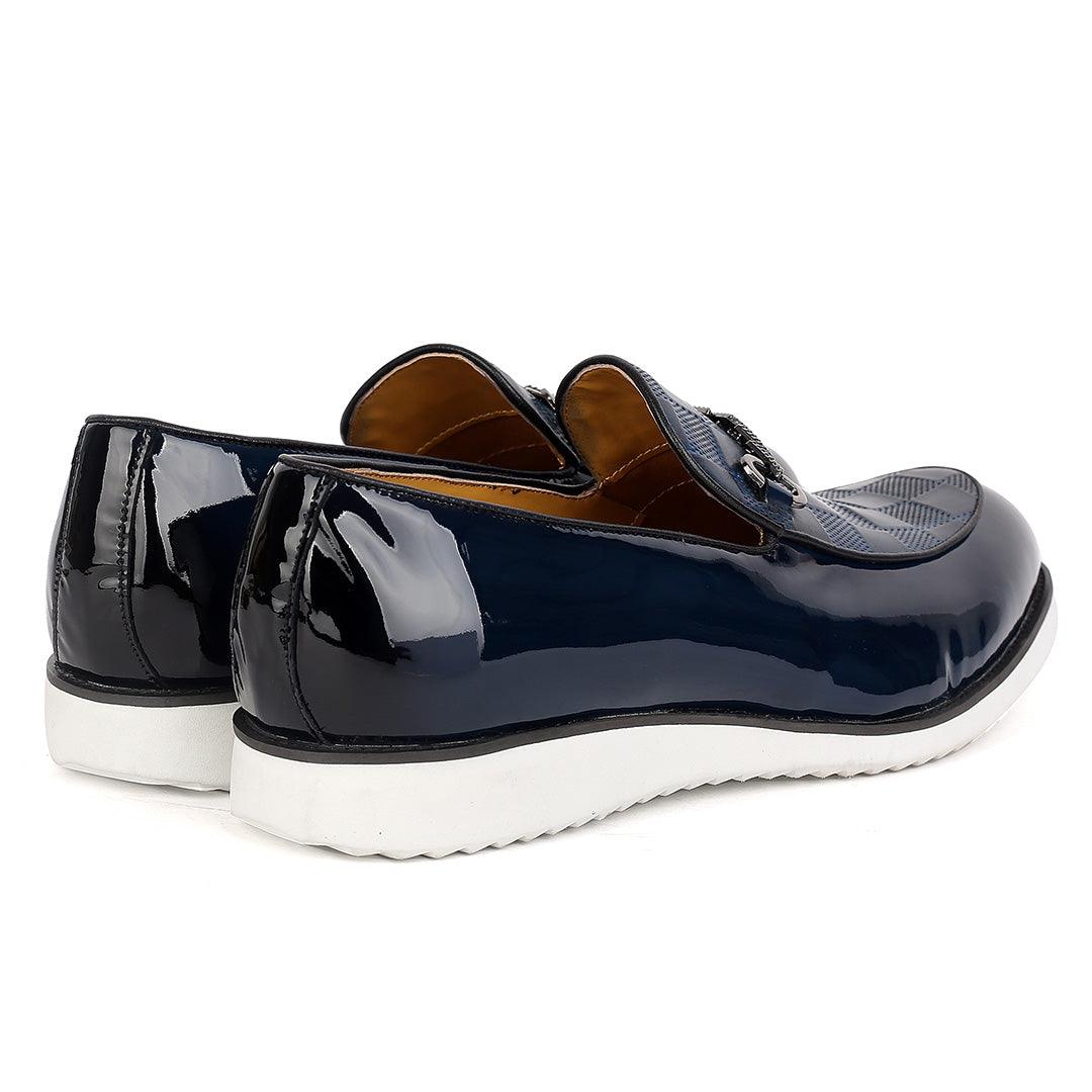 John Mendson Glossy Leather Checkered Arrow Chain Men's Shoe-Royal Blue - Obeezi.com