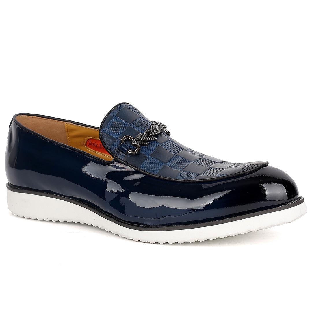 John Mendson Glossy Leather Checkered Arrow Chain Men's Shoe-Royal Blue - Obeezi.com