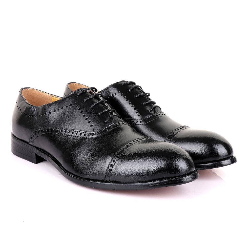 John Mendson Oxford Dots Plain Black Leather Shoe - Obeezi