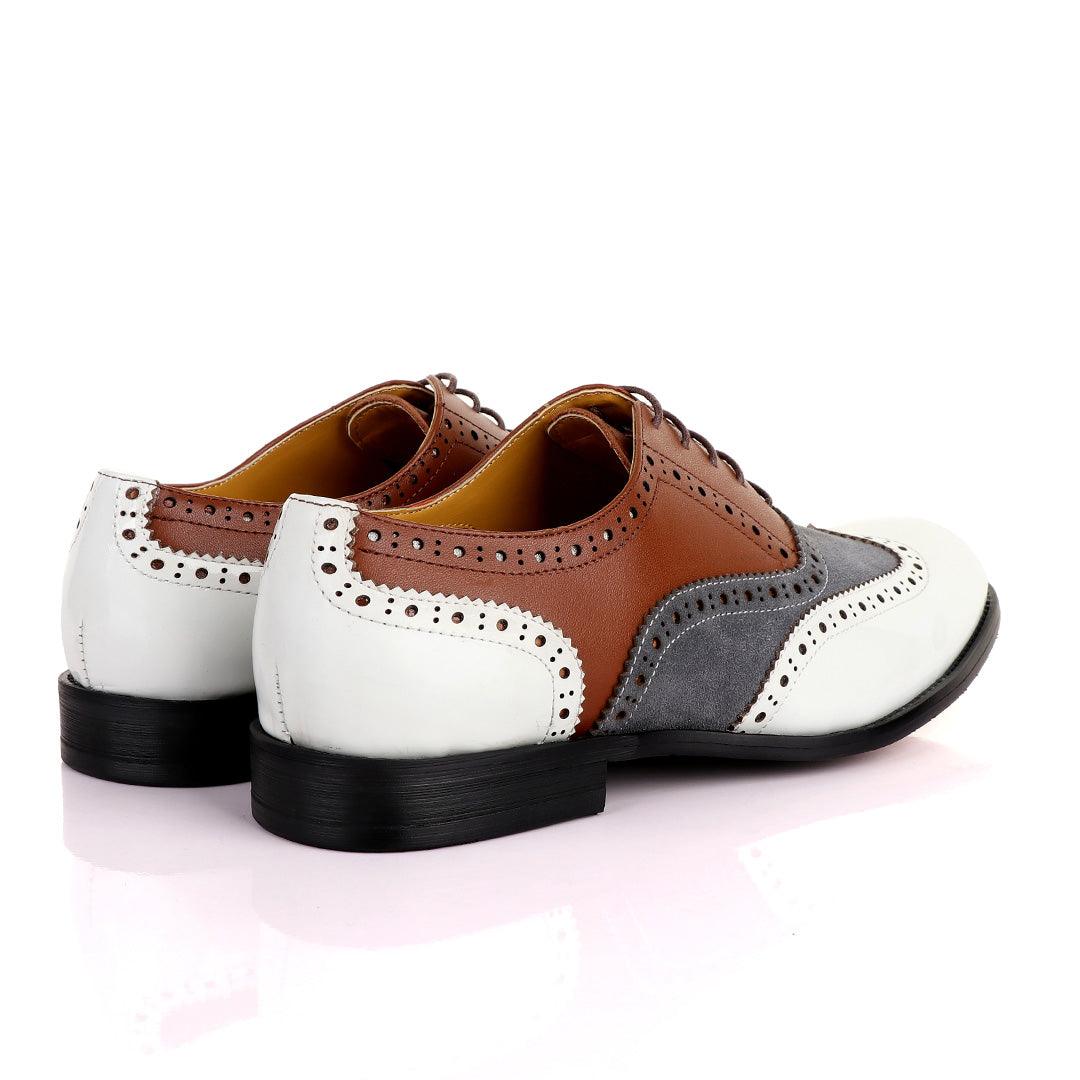 John Mendson Oxford Lace Up White Grey and Brown Shoes - Obeezi