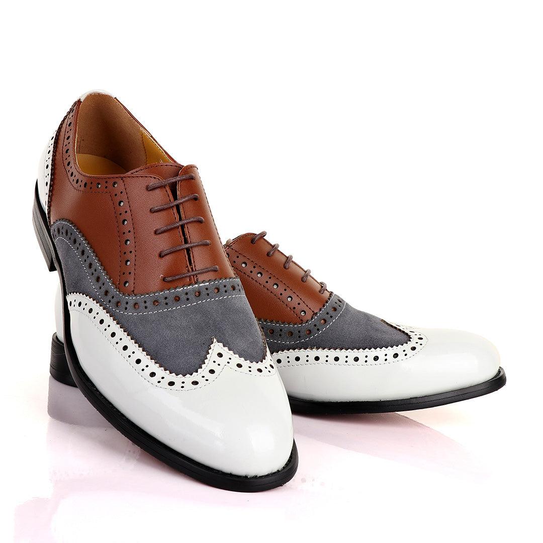 John Mendson Oxford Lace Up White Grey and Brown Shoes - Obeezi