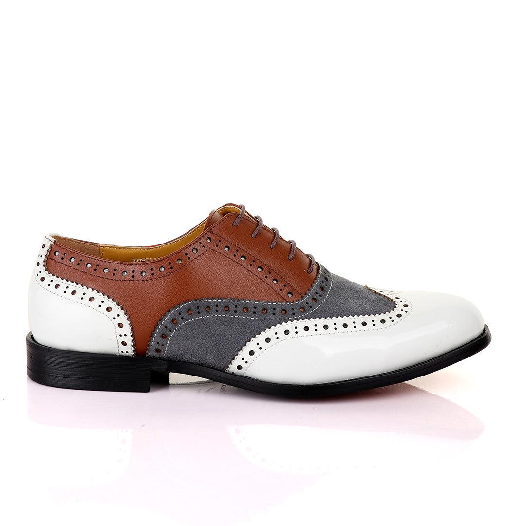 John Mendson Oxford Lace Up White Grey and Brown Shoes - Obeezi