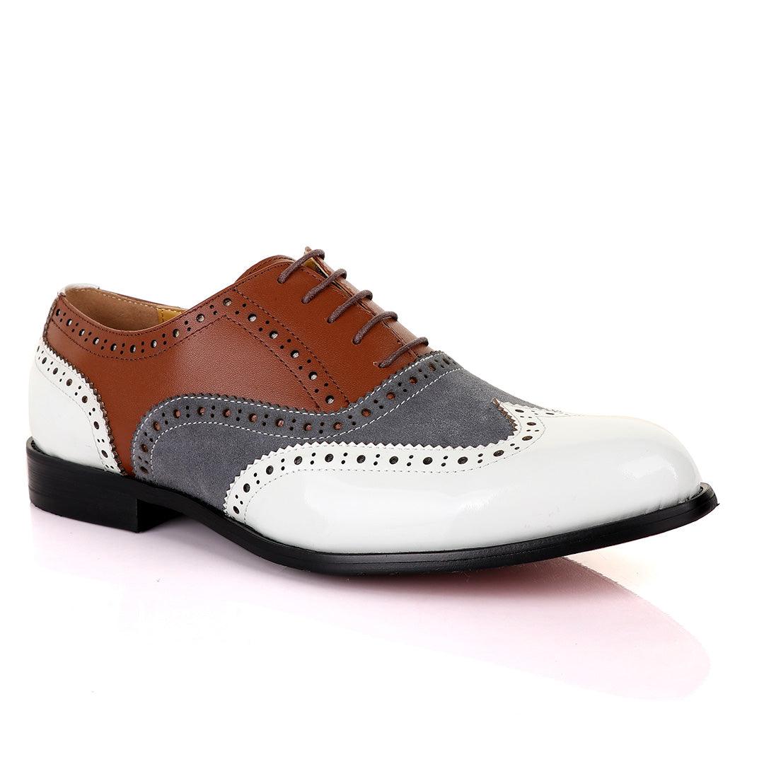 John Mendson Oxford Lace Up White Grey and Brown Shoes - Obeezi
