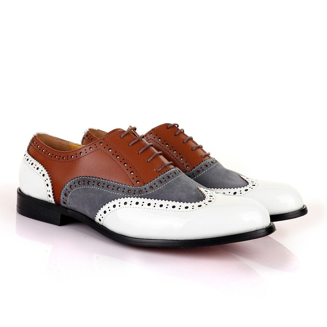 John Mendson Oxford Lace Up White Grey and Brown Shoes - Obeezi