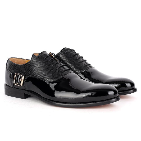John Mendson Royal Glossy Black Leather Shoe With Side Belt Design - Obeezi.com