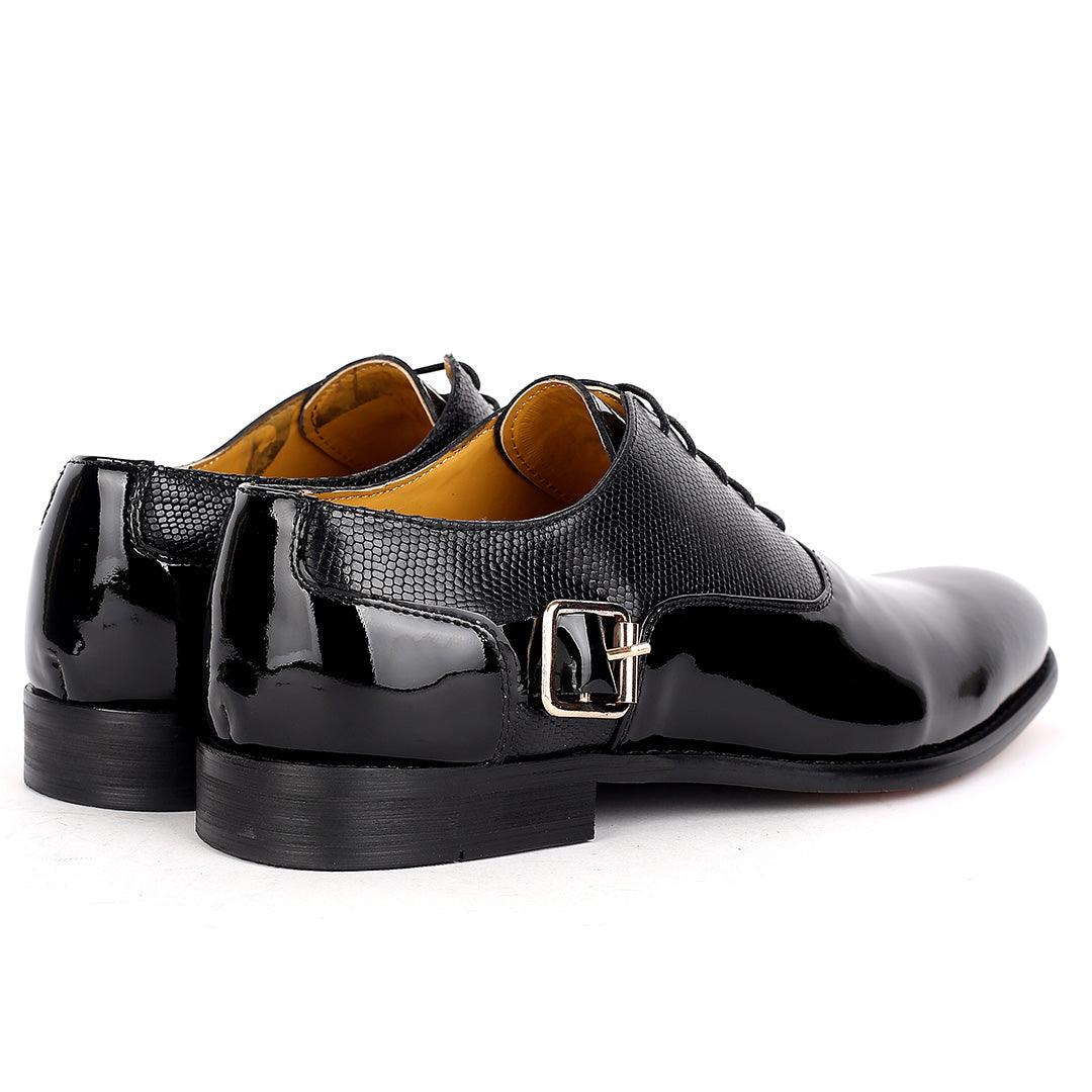 John Mendson Royal Glossy Black Leather Shoe With Side Belt Design - Obeezi.com