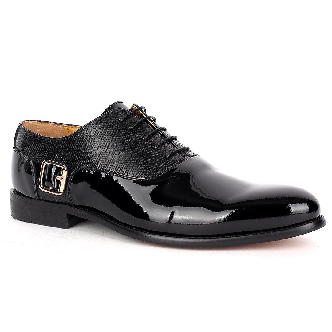 John Mendson Royal Glossy Black Leather Shoe With Side Belt Design - Obeezi.com