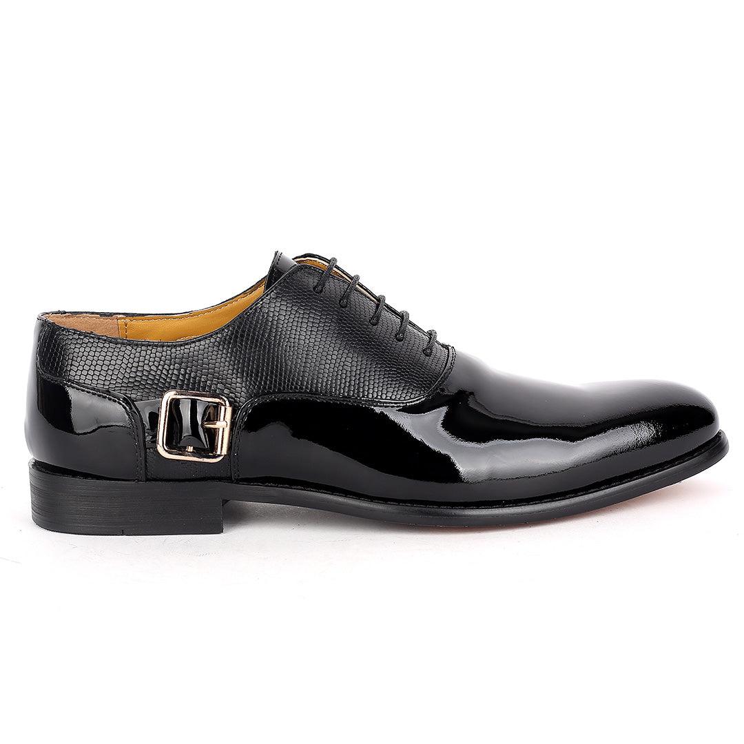 John Mendson Royal Glossy Black Leather Shoe With Side Belt Design - Obeezi.com