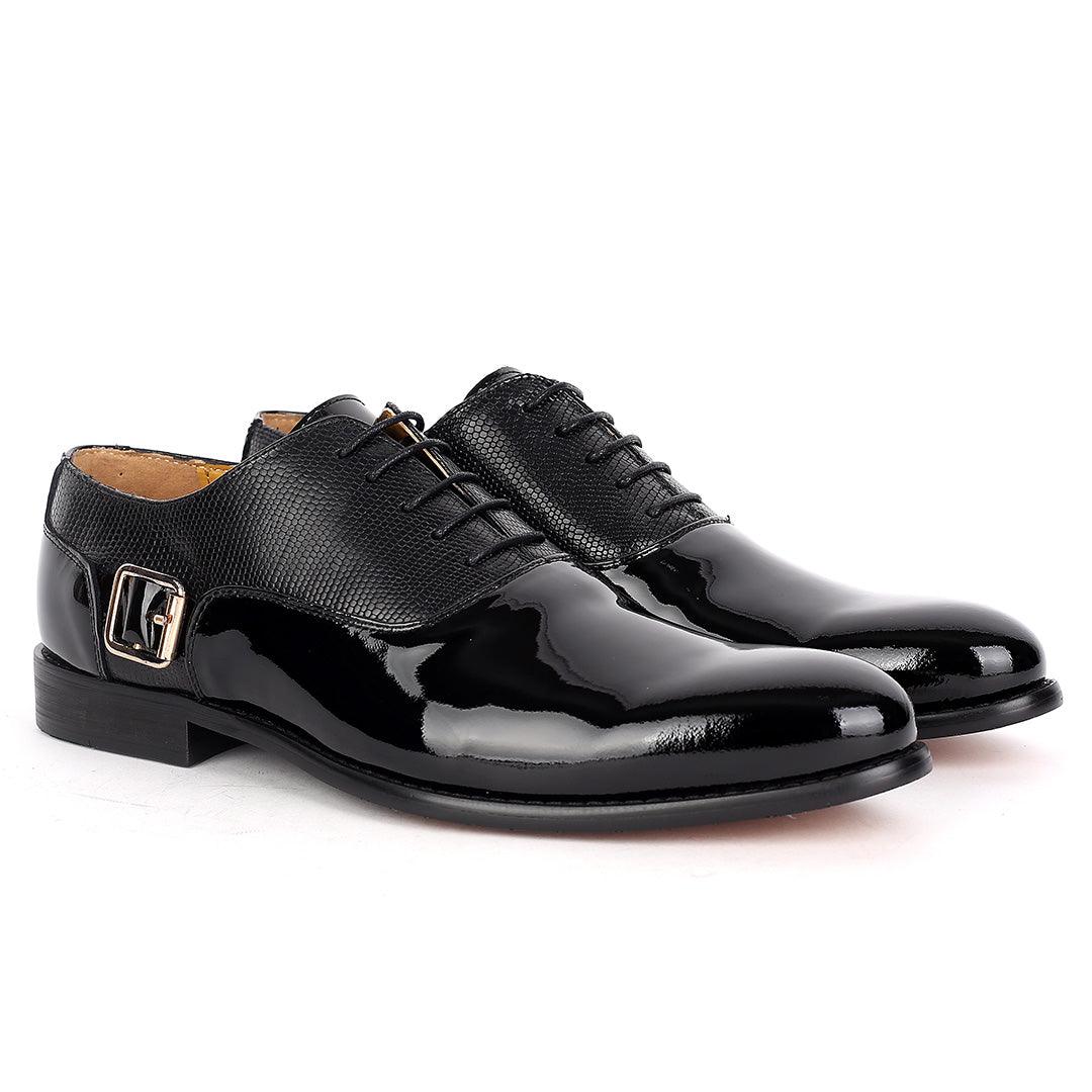 John Mendson Royal Glossy Black Leather Shoe With Side Belt Design - Obeezi.com