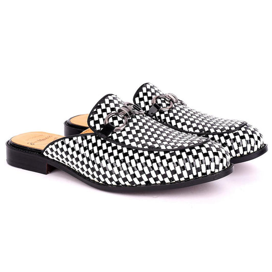 John Mendson Silver Chain Design Black And White Woven Leather Men's Half Shoe - Obeezi.com