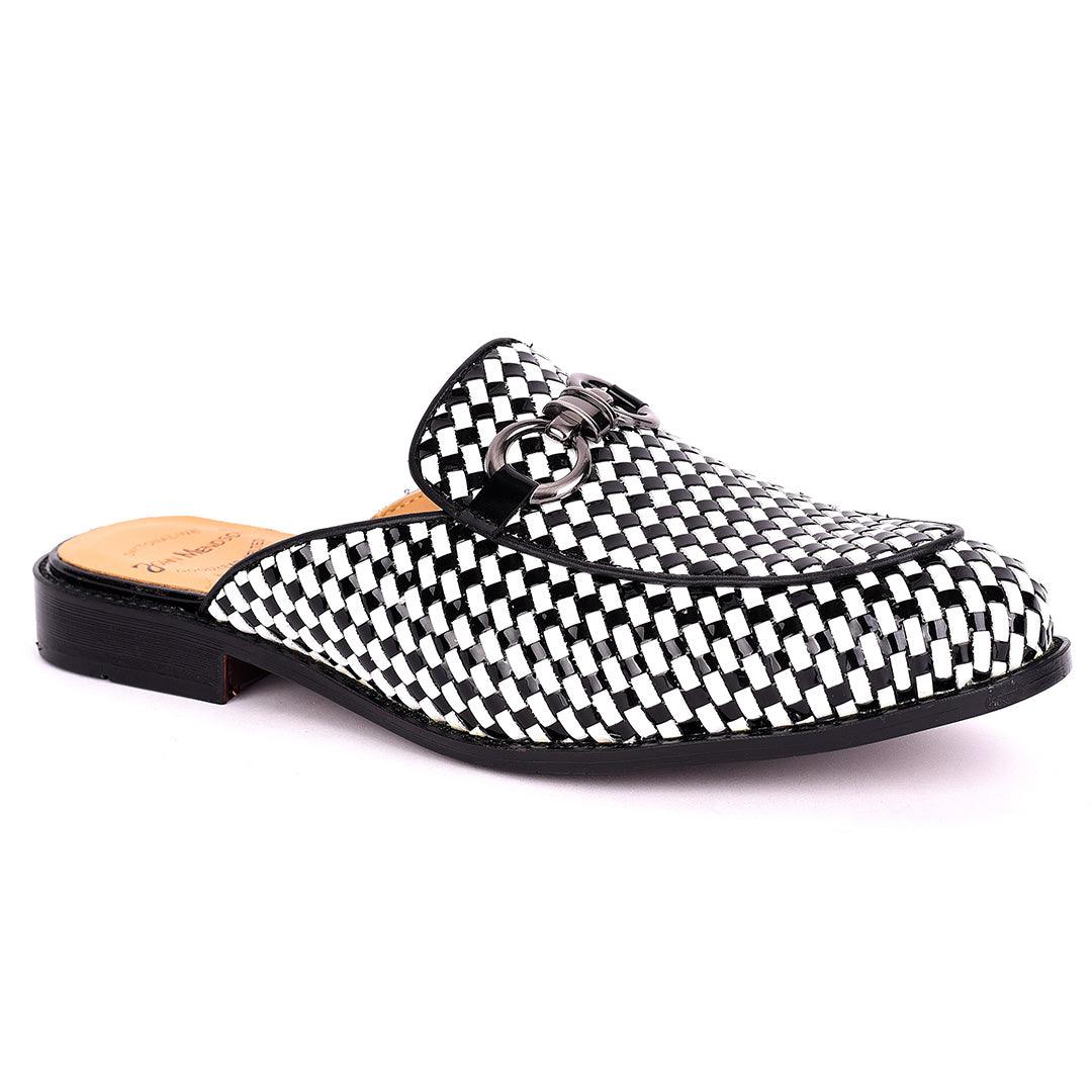 John Mendson Silver Chain Design Black And White Woven Leather Men's Half Shoe - Obeezi.com