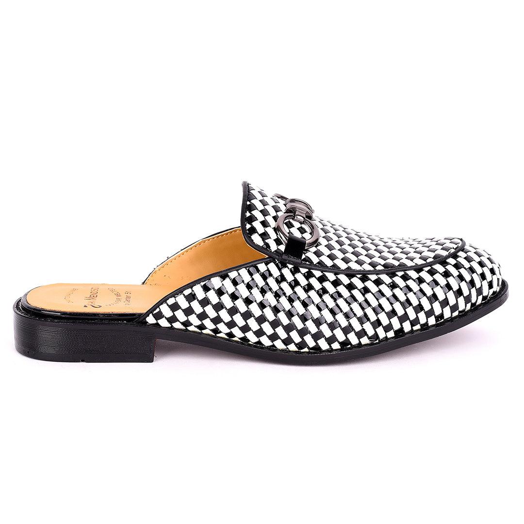 John Mendson Silver Chain Design Black And White Woven Leather Men's Half Shoe - Obeezi.com