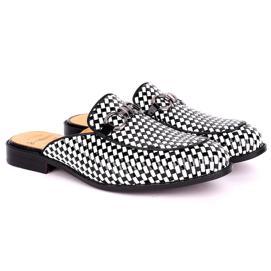 John Mendson Silver Chain Design Black And White Woven Leather Men's Half Shoe - Obeezi.com