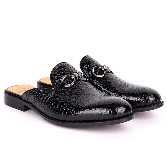 John Mendson Silver Chain Design Glossy Croc Leather Men's Half Shoe- Black - Obeezi.com