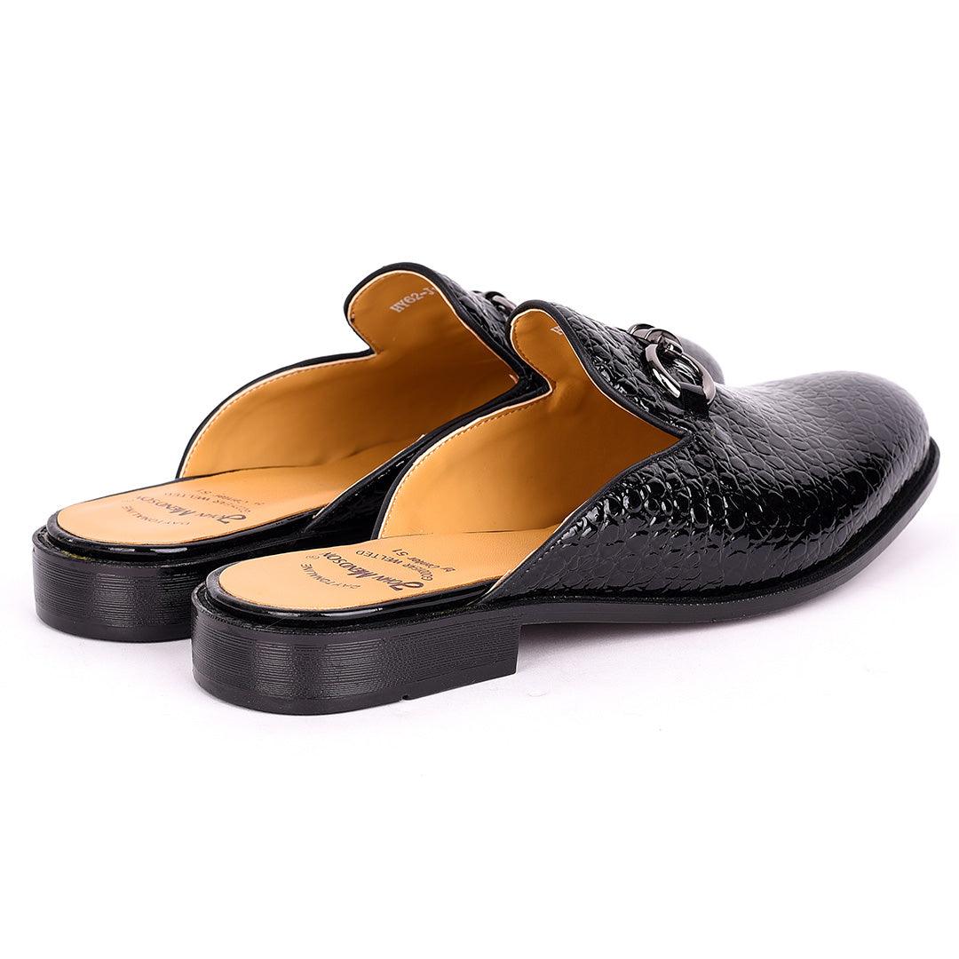 John Mendson Silver Chain Design Glossy Croc Leather Men's Half Shoe- Black - Obeezi.com