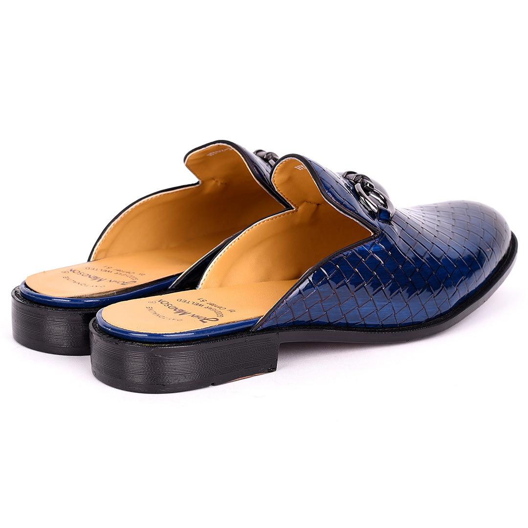 John Mendson Silver Chain Design Glossy Croc Leather Men's Half Shoe- Blue - Obeezi.com