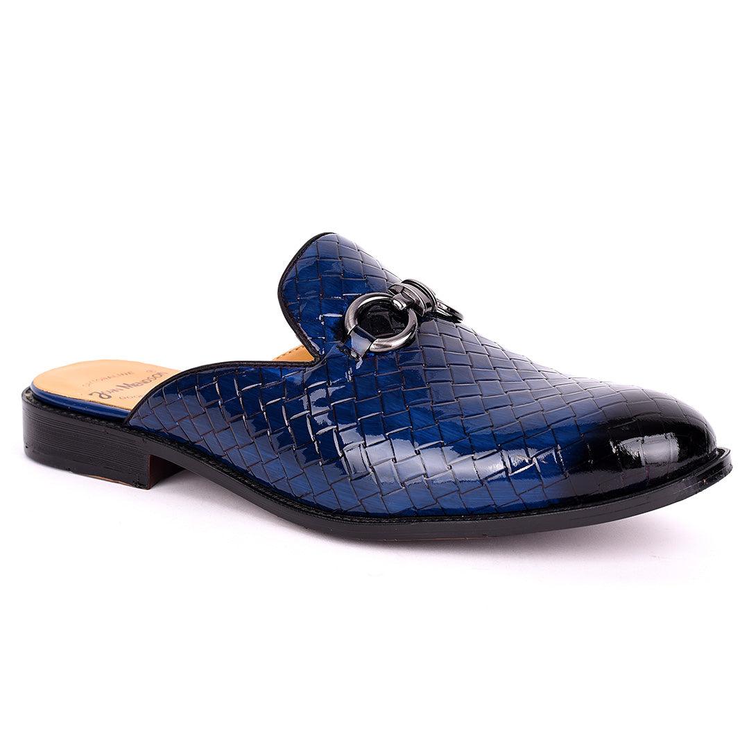 John Mendson Silver Chain Design Glossy Croc Leather Men's Half Shoe- Blue - Obeezi.com