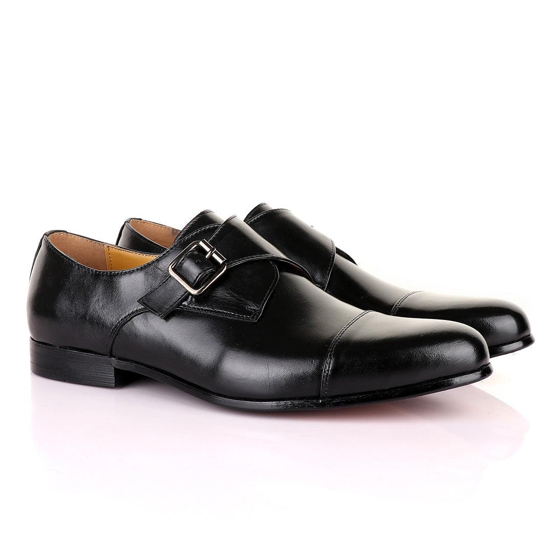 John Mendson Single Strap Buckle Leather Black Shoe - Obeezi