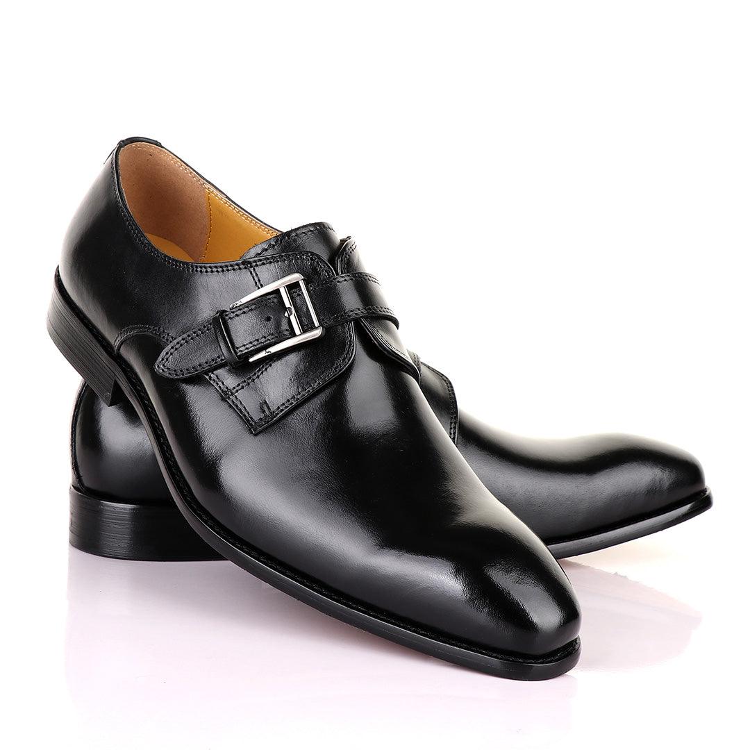 John Mendson Single Strap Buckle Plain Leather Black Shoe - Obeezi