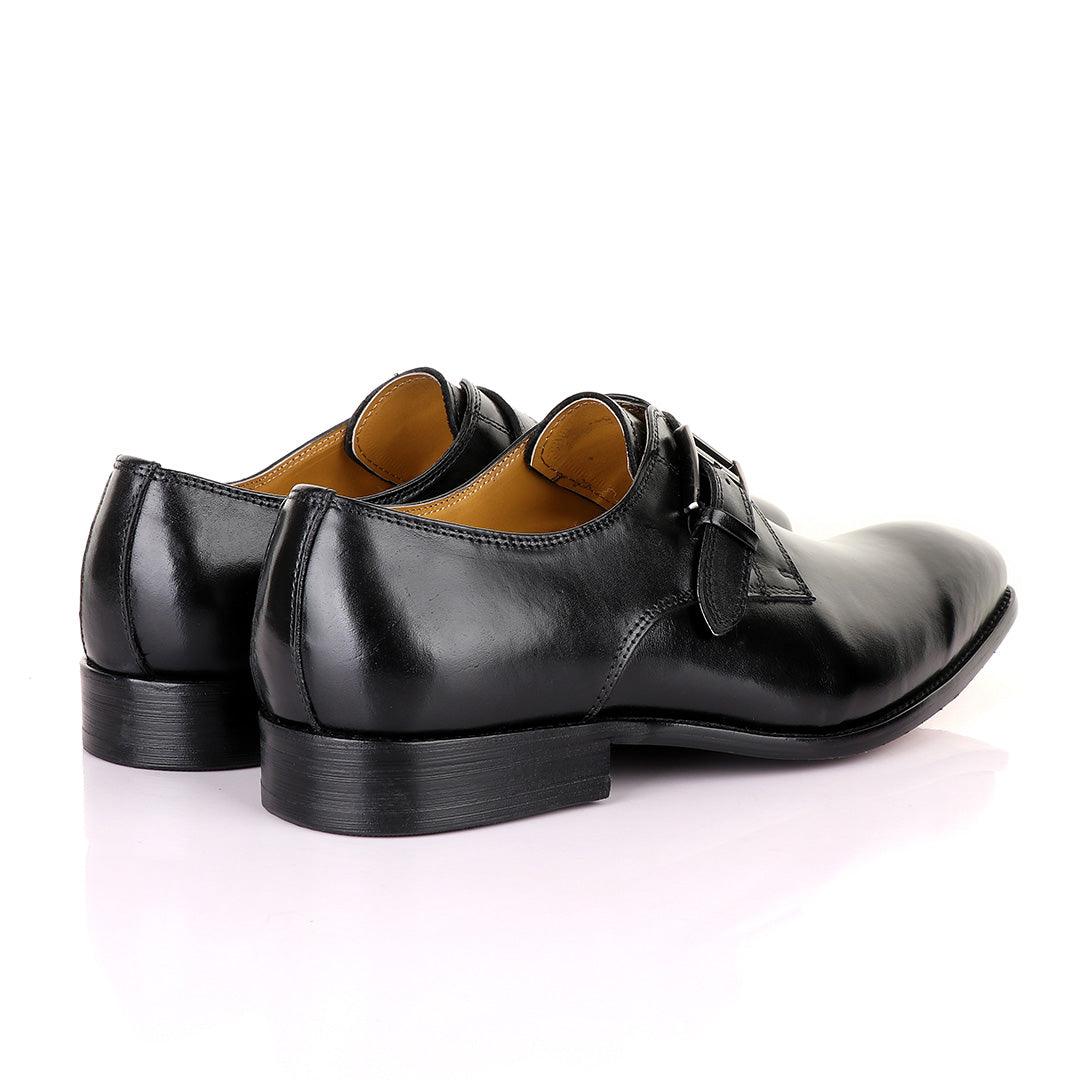 John Mendson Single Strap Buckle Plain Leather Black Shoe - Obeezi