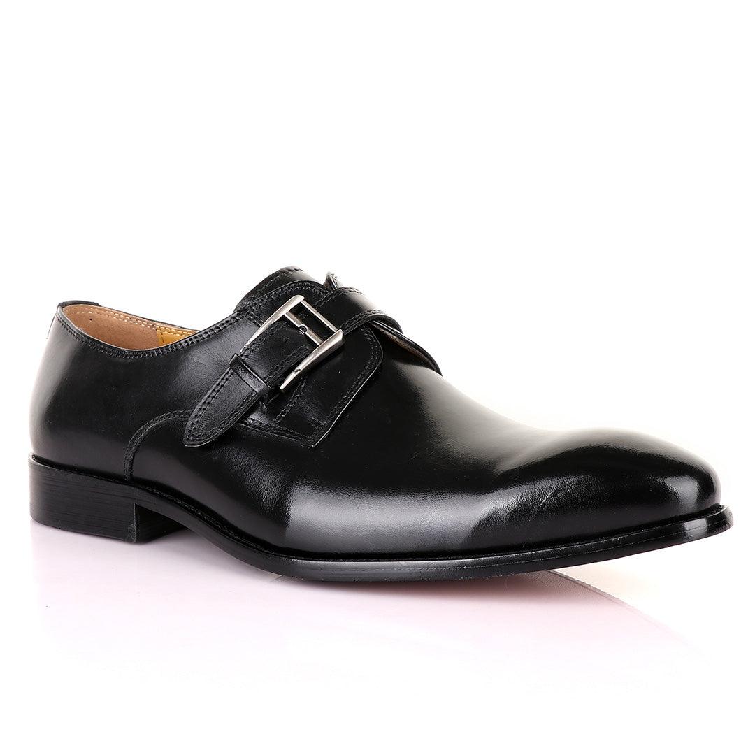 John Mendson Single Strap Buckle Plain Leather Black Shoe - Obeezi