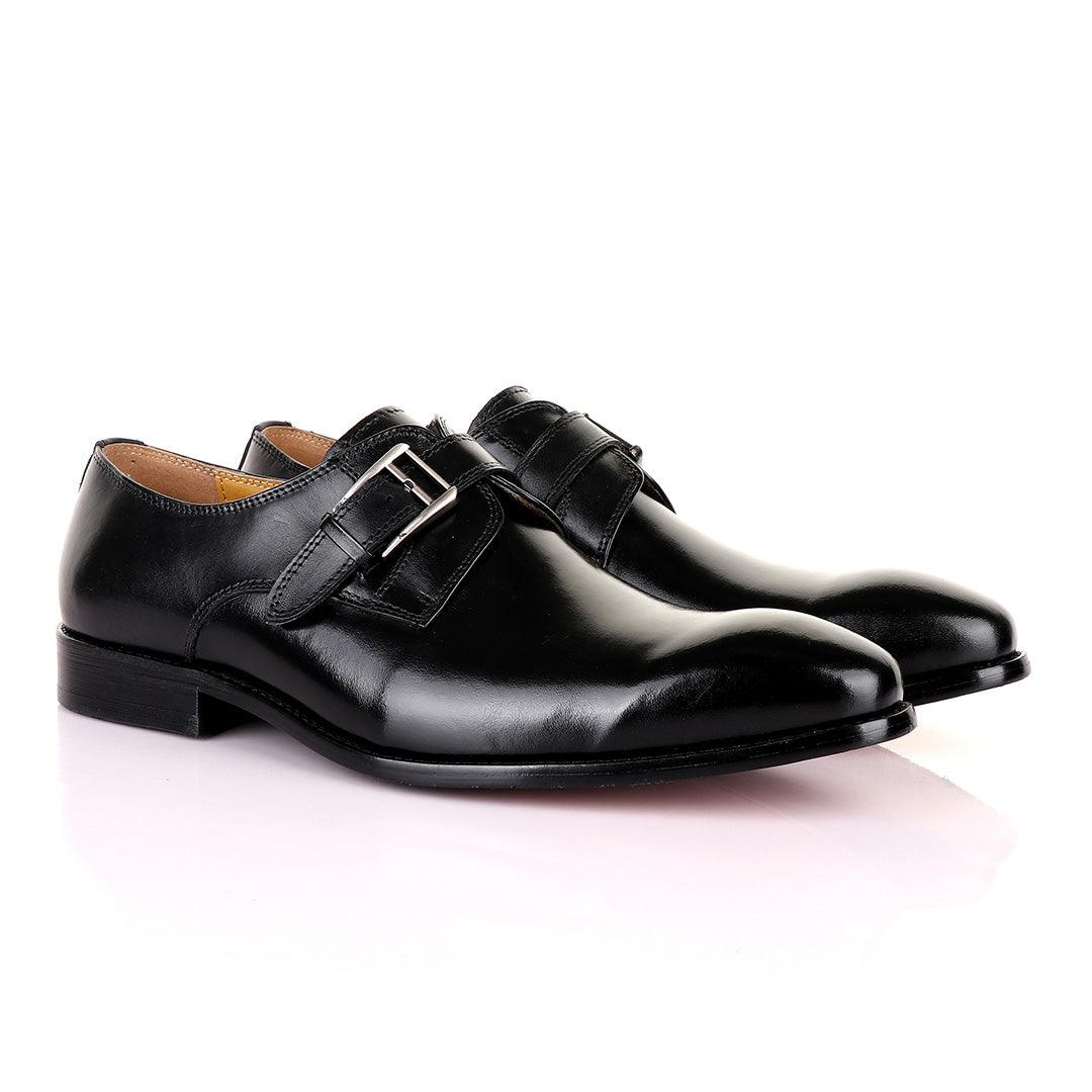 John Mendson Single Strap Buckle Plain Leather Black Shoe - Obeezi