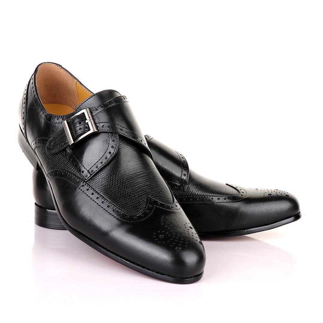 John Mendson Single Strap Lace Brogues Buckle Leather Black Shoe - Obeezi