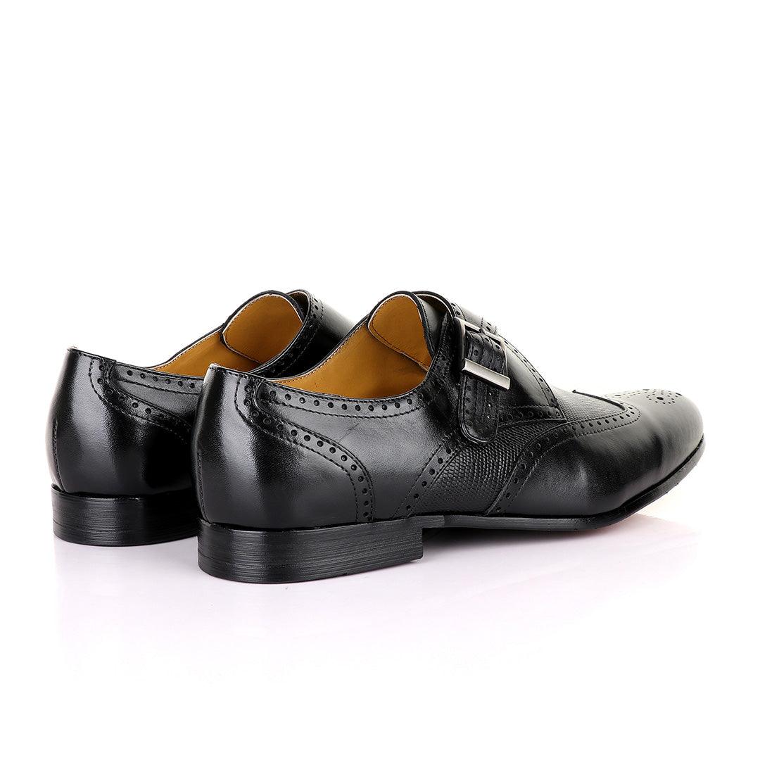 John Mendson Single Strap Lace Brogues Buckle Leather Black Shoe - Obeezi