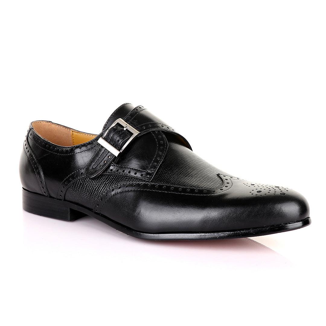 John Mendson Single Strap Lace Brogues Buckle Leather Black Shoe - Obeezi